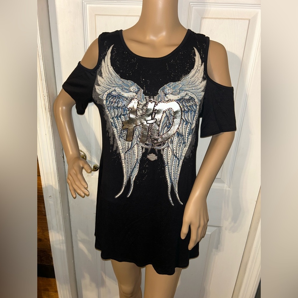 Harley-Davidson Black Cold Shoulder Tee with Wing Graphic